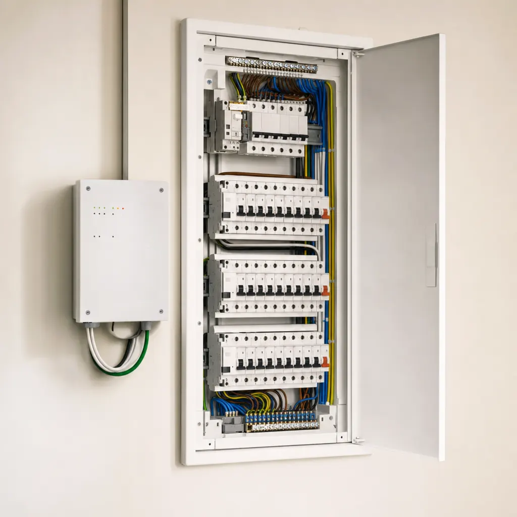 Moderne zekeringkast met nette bekabeling en domoticamodule