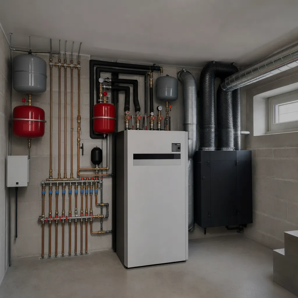 Technische ruimte van een nieuwbouw met warmtepomp, collectoren en ventilatie