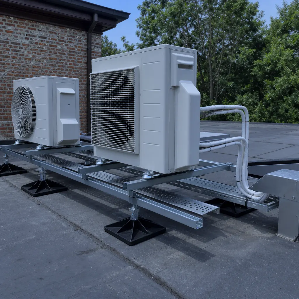 Klimaatinstallatie met buitenunit op het dak van het Biermuseum in Grimbergen
